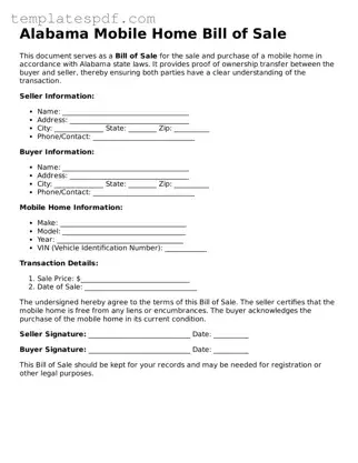 Official  Mobile Home Bill of Sale Form for Alabama