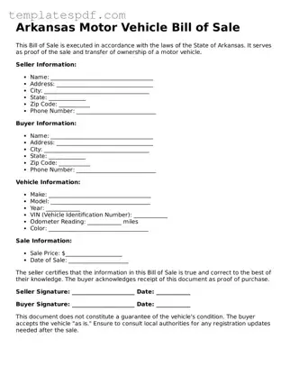 Official  Motor Vehicle Bill of Sale Form for Arkansas