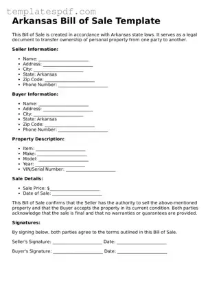 Official  Bill of Sale Form for Arkansas