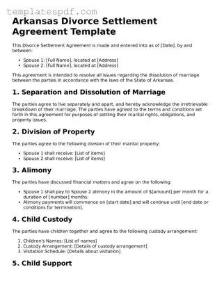 Official  Divorce Settlement Agreement Form for Arkansas