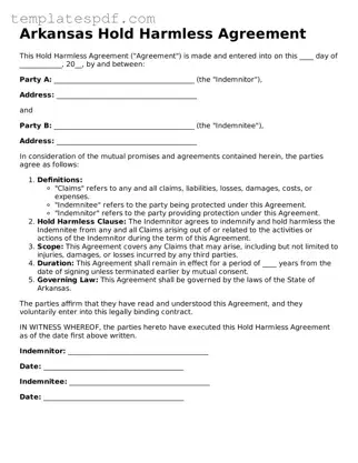 Official  Hold Harmless Agreement Form for Arkansas