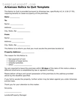 Official  Notice to Quit Form for Arkansas
