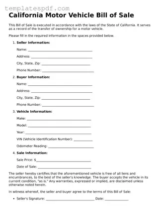Official  Motor Vehicle Bill of Sale Form for California