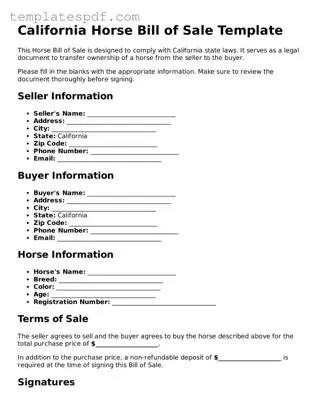Official  Horse Bill of Sale Form for California