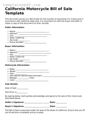 Official  Motorcycle Bill of Sale Form for California