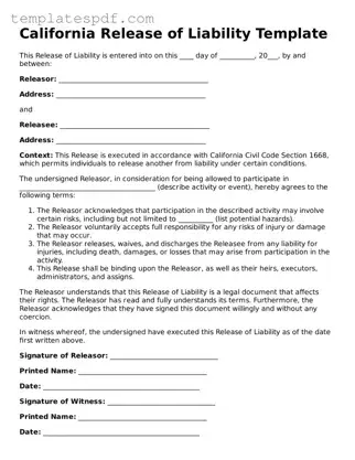 Official  Release of Liability Form for California