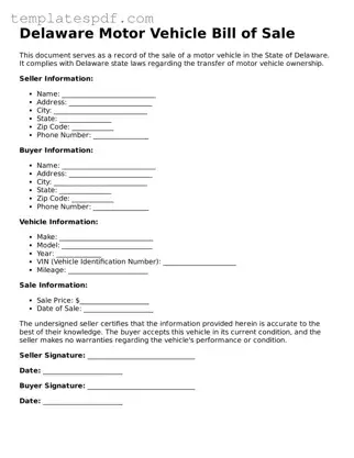 Official  Motor Vehicle Bill of Sale Form for Delaware