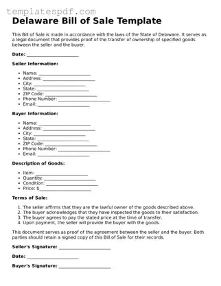 Official  Bill of Sale Form for Delaware