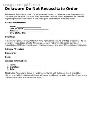Official  Do Not Resuscitate Order Form for Delaware
