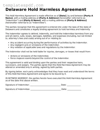 Official  Hold Harmless Agreement Form for Delaware