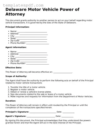 Official  Motor Vehicle Power of Attorney Form for Delaware