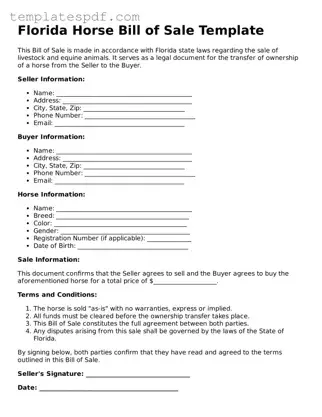 Official  Horse Bill of Sale Form for Florida