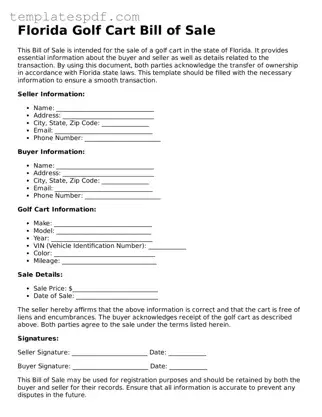 Official  Golf Cart Bill of Sale Form for Florida