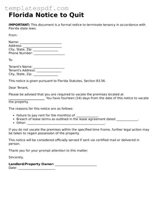 Official  Notice to Quit Form for Florida