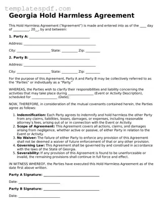 Official  Hold Harmless Agreement Form for Georgia