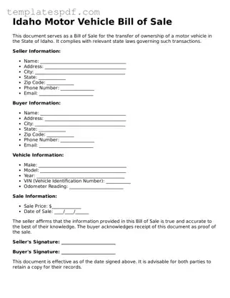 Official  Motor Vehicle Bill of Sale Form for Idaho