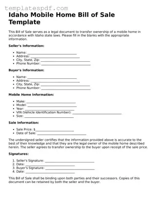 Official  Mobile Home Bill of Sale Form for Idaho