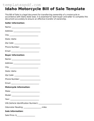 Official  Motorcycle Bill of Sale Form for Idaho