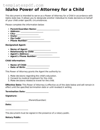 Official  Power of Attorney for a Child Form for Idaho