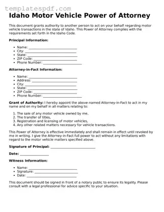 Official  Motor Vehicle Power of Attorney Form for Idaho