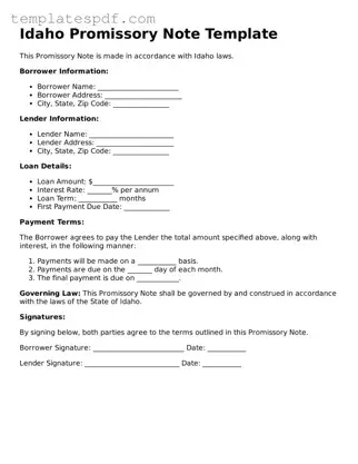 Official  Promissory Note Form for Idaho