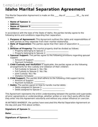 Official  Marital Separation Agreement Form for Idaho