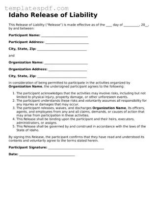 Official  Release of Liability Form for Idaho