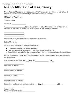 Official  Affidavit of Residency Form for Idaho