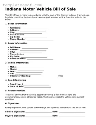 Official  Motor Vehicle Bill of Sale Form for Indiana