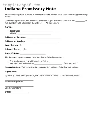 Official  Promissory Note Form for Indiana