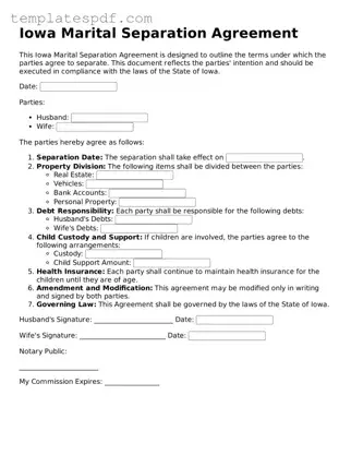 Official  Marital Separation Agreement Form for Iowa