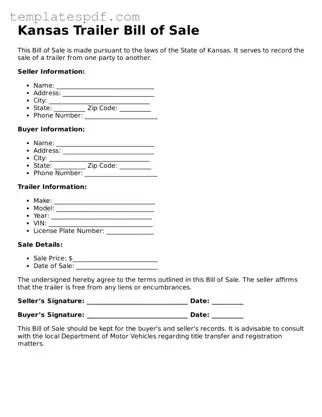 Official  Trailer Bill of Sale Form for Kansas