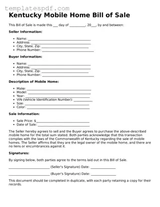 Official  Mobile Home Bill of Sale Form for Kentucky