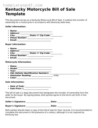 Official  Motorcycle Bill of Sale Form for Kentucky
