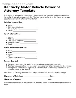 Official  Motor Vehicle Power of Attorney Form for Kentucky