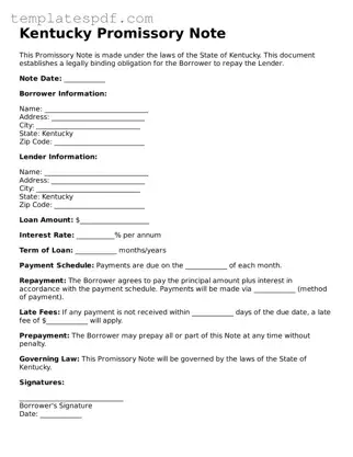 Official  Promissory Note Form for Kentucky
