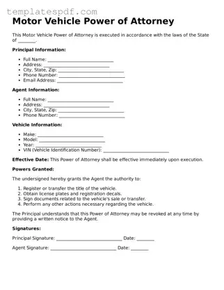 Printable Motor Vehicle Power of Attorney Form