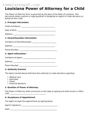 Official  Power of Attorney for a Child Form for Louisiana