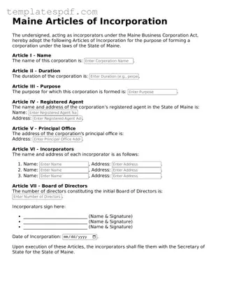 Official  Articles of Incorporation Form for Maine