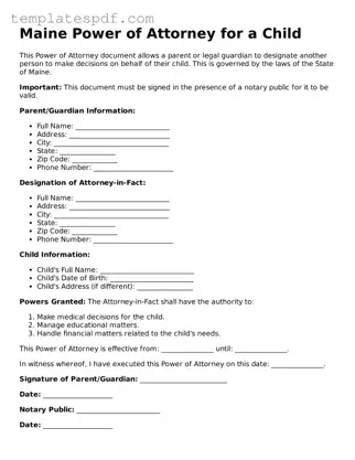 Official  Power of Attorney for a Child Form for Maine