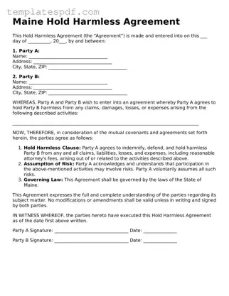 Official  Hold Harmless Agreement Form for Maine