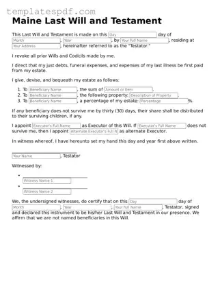 Official  Last Will and Testament Form for Maine