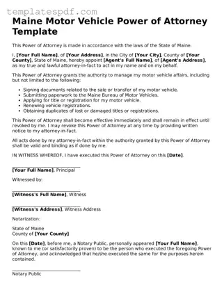 Official  Motor Vehicle Power of Attorney Form for Maine