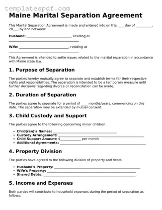 Official  Marital Separation Agreement Form for Maine