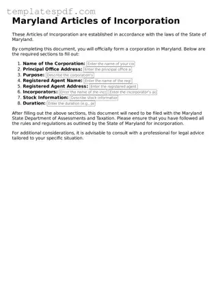 Official  Articles of Incorporation Form for Maryland