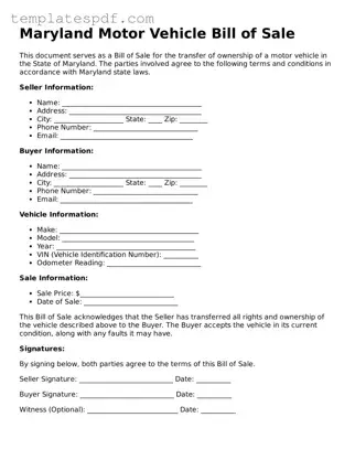 Official  Motor Vehicle Bill of Sale Form for Maryland