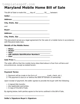 Official  Mobile Home Bill of Sale Form for Maryland