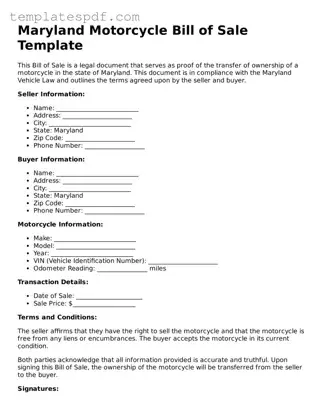 Official  Motorcycle Bill of Sale Form for Maryland