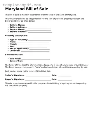 Official  Bill of Sale Form for Maryland