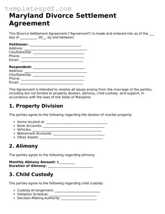Official  Divorce Settlement Agreement Form for Maryland